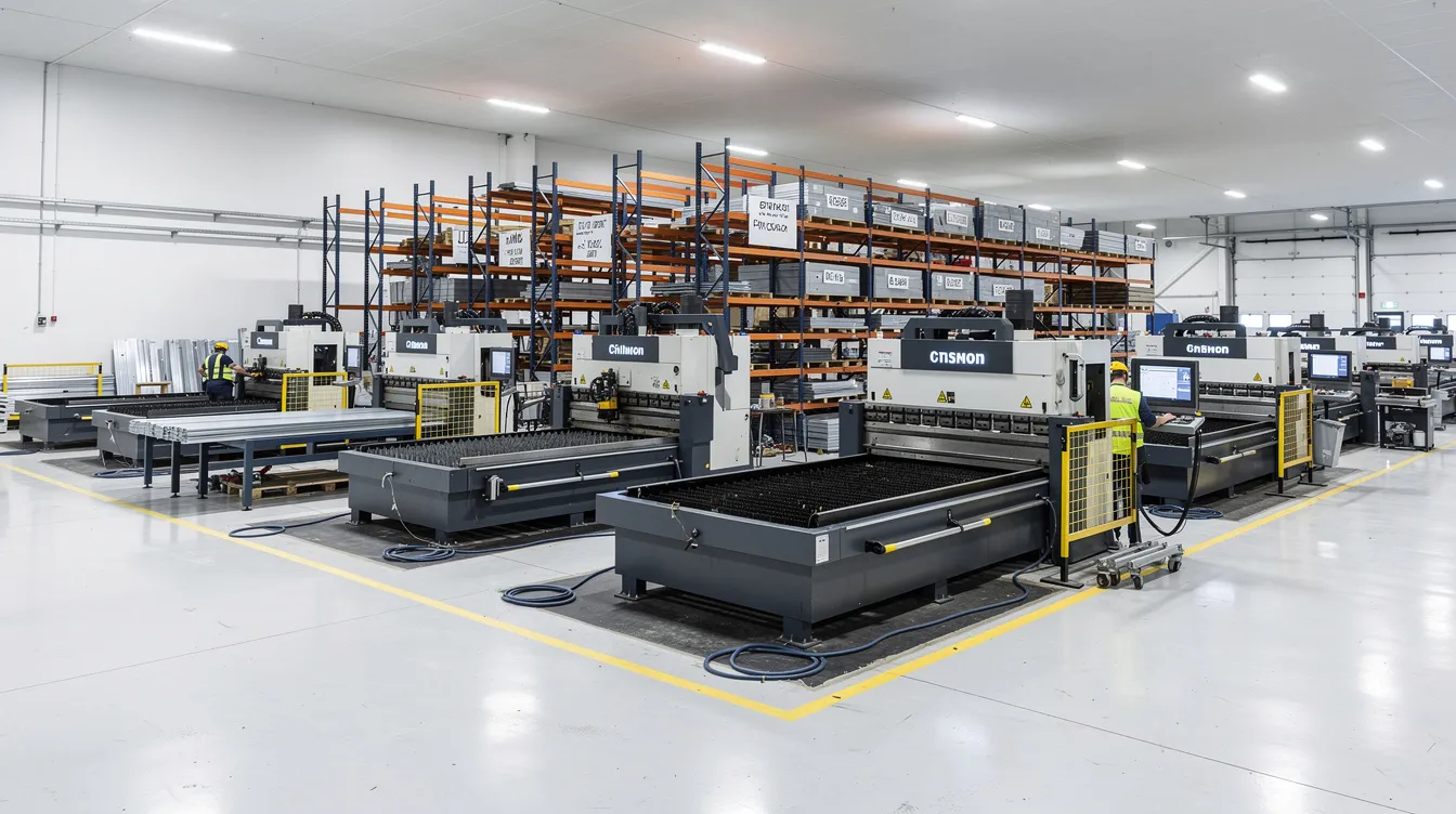 A wide view of a modern industrial sheet metal fabrication workshop showcases various CNC machines, press brakes, and organized material racks under bright overhead lighting, emphasizing the sheet metal fabrication process and efficient project management. The workshop is designed for precision and durability in producing metal parts from materials like carbon steel, aluminum, and copper.