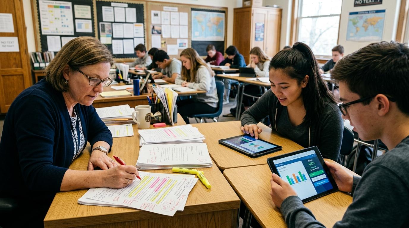 Teacher evaluating detailed written assignments with highlighted feedback alongside students receiving immediate digital assessment results on tablets.