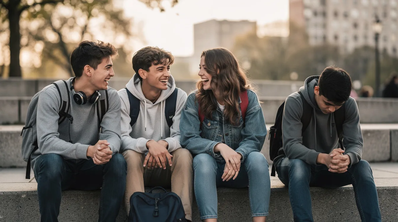 A group of teenagers is sitting together on outdoor steps, with some appearing confident and engaged, while one teen at the edge looks uncertain and withdrawn, illustrating the impact of peer pressure on personal values and mental health. This scene reflects the challenges young people face in decision making and the influence of their friend group on their behaviors and self-esteem.