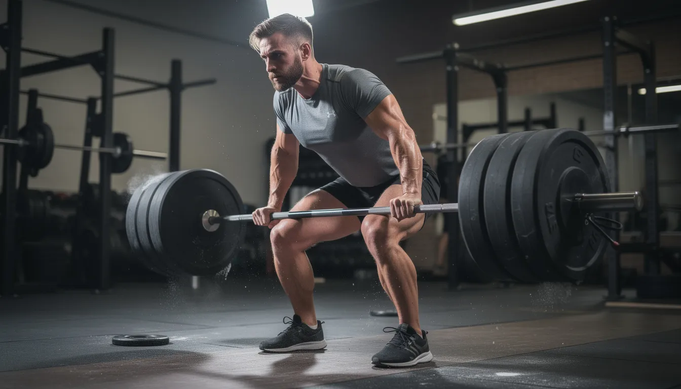 An athletic person is seen performing a heavy barbell deadlift in a gym, showcasing their strength and focus. This exercise is often part of a resistance training regimen aimed at increasing muscle mass and improving exercise performance, which can be supported by creatine supplementation for optimal muscle growth.