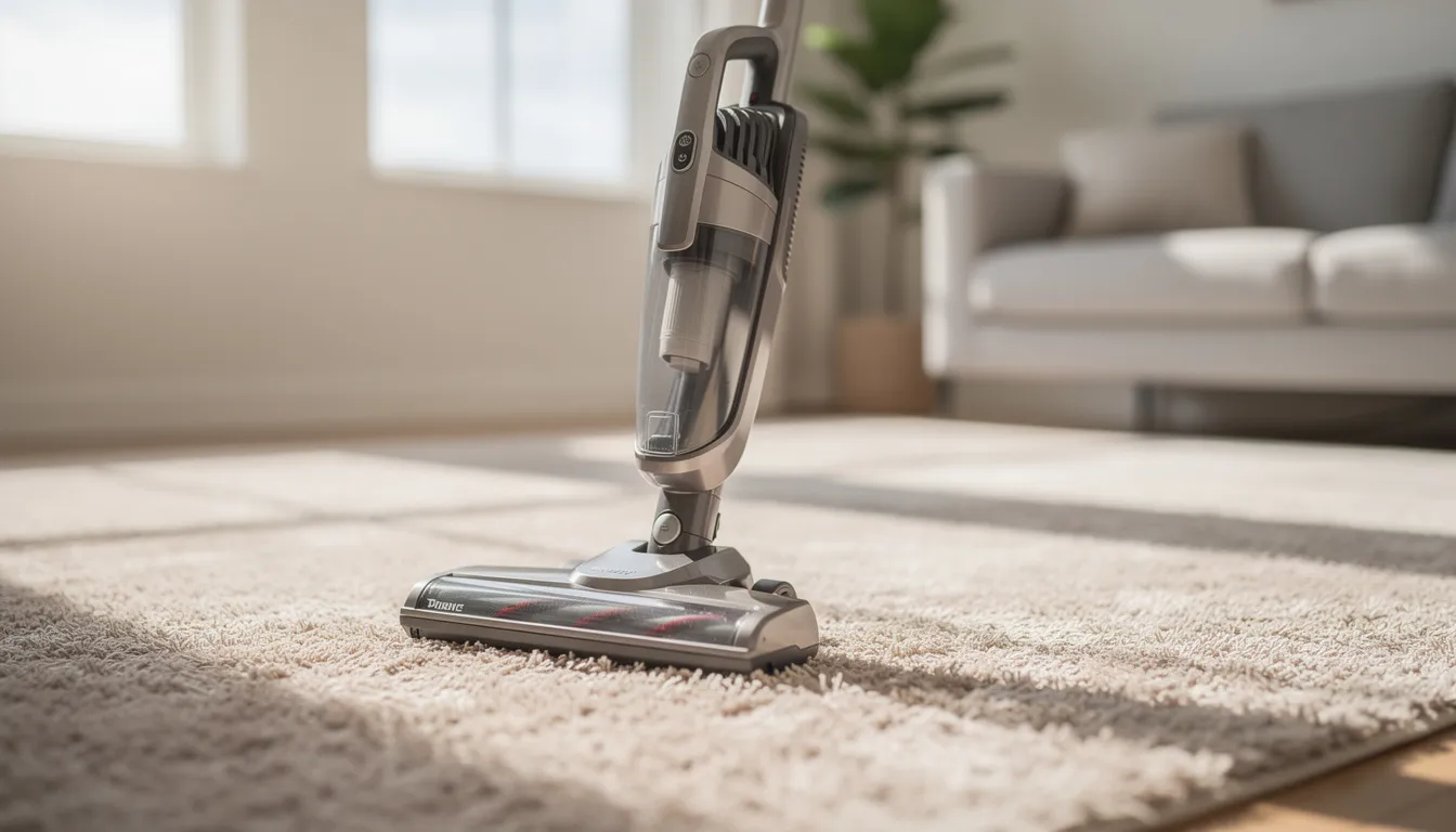 A vacuum cleaner sits on a clean carpet floor in a bright room, symbolizing effective indoor air quality management by reducing dust and allergens. The bright environment enhances the feeling of freshness, making it an ideal space for spending time indoors.