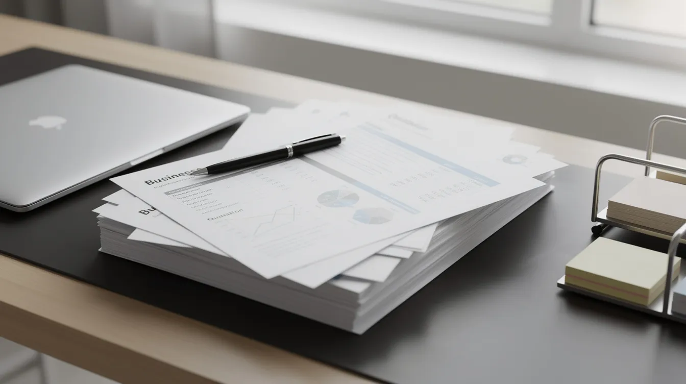 827c55f4 fe71 4365 9d5d 28d0f41b1e09 The image shows a neatly organized stack of business documents and quotations on a professional desk, which may include essential materials for a business loan application, such as a clear business plan and financial statements, often required by banks and financial institutions. This setup reflects the meticulous preparation needed for securing funding through schemes like the Pradhan Mantri Mudra Yojana.