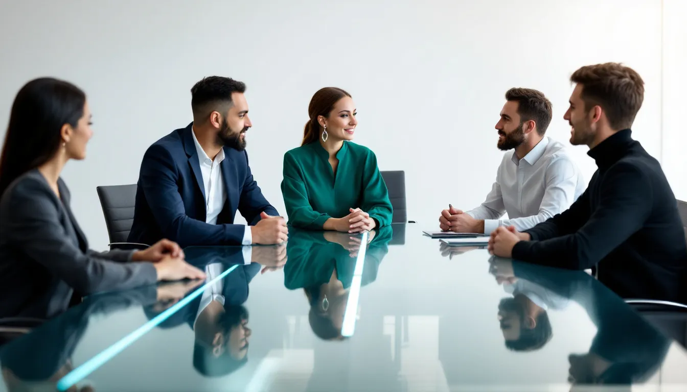 A team collaborating on a vision statement in a meeting room.
