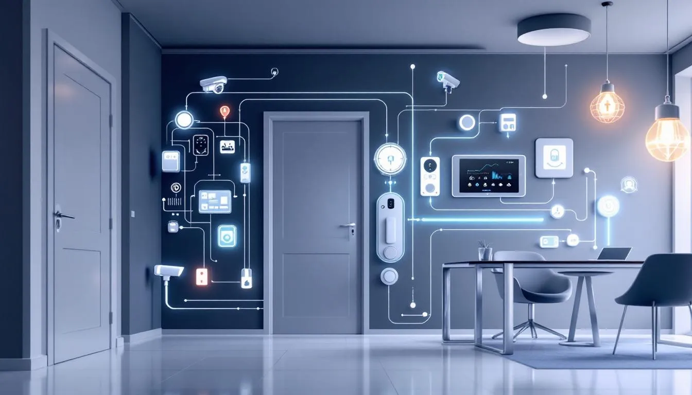 An illustration showing various electronic locks integrated with existing security systems, demonstrating enhanced security features.