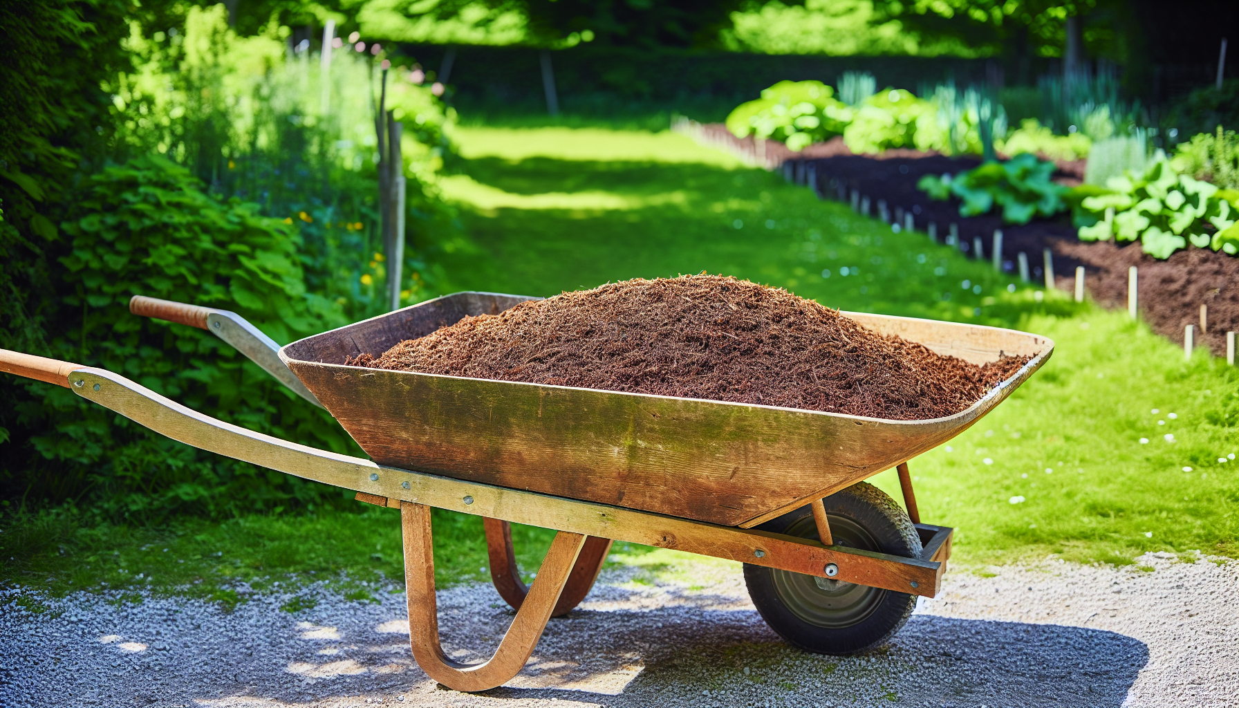 Sifted compost in a garden wheelbarrow