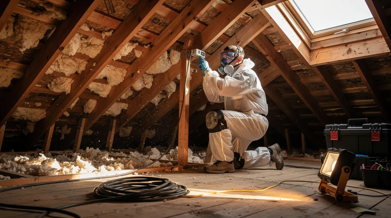 A professional technician in full protective gear is working inside a residential attic, surrounded by exposed wooden rafters, while conducting a thorough inspection for bat infestations. The technician is focused on identifying entry points and implementing humane bat removal methods to ensure the safety of the home and prevent future infestations.