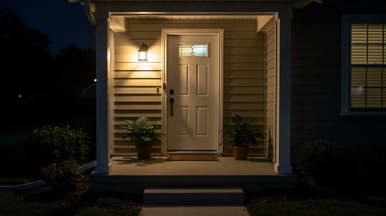 The image depicts the front door of a residential home illuminated by a porch light at night, creating a warm and inviting atmosphere. This scene highlights the importance of safety and security in residential areas, which relates to various gun laws and regulations that govern firearms possession and carry permits in Indiana and other states.