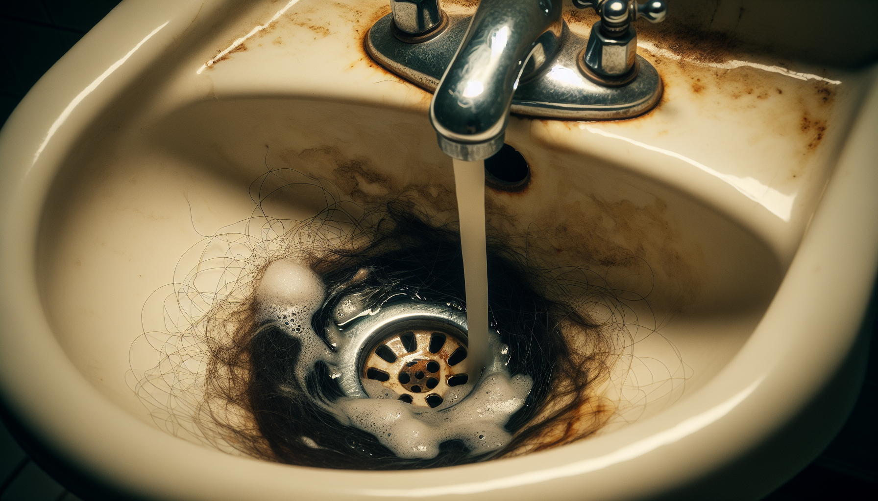 Clogged bathroom sink with hair and soap scum