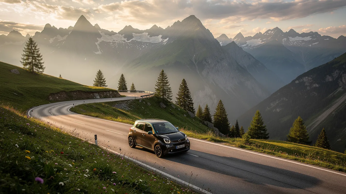 A small car is driving along a scenic European road, surrounded by majestic mountains and lush greenery, illustrating the beauty of traveling abroad. This picturesque landscape highlights the importance of having an international driving permit to drive legally in foreign countries while enjoying the journey.