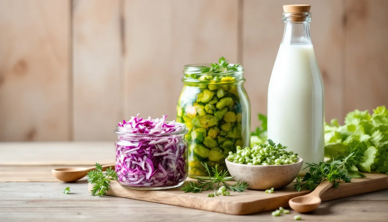 The image showcases a vibrant assortment of fermented foods, including kimchi, sauerkraut, and kefir, which are rich in beneficial bacteria that promote gut health. These foods are known for their potential health benefits, including supporting the gut microbiome and enhancing immune responses.