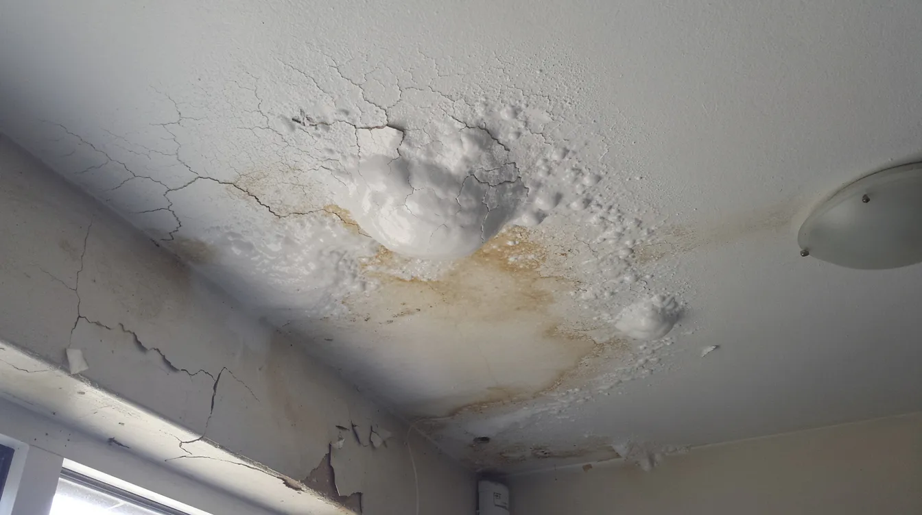The image depicts a water-damaged ceiling with sagging and bubbling paint, indicating issues with moisture penetration that could lead to structural problems and mold growth if left untreated. This damaged drywall highlights the need for professional drywall repair services to restore the affected area and ensure safe moisture levels.