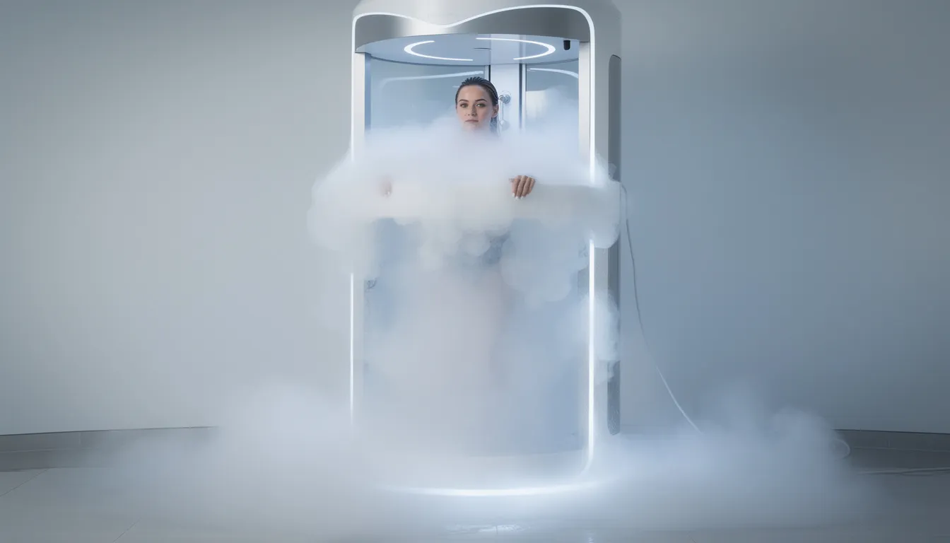 A person stands inside a specialized cryotherapy chamber, enveloped in visible vapor, as they experience the intense cold air associated with cold exposure therapy. This whole body cryotherapy session aims to provide benefits such as muscle recovery and pain relief through extremely cold temperatures.