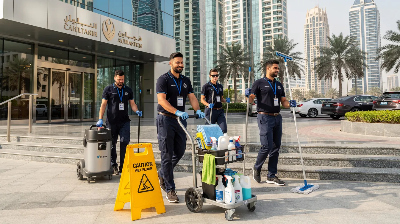 A professional cleaning team equipped with advanced cleaning materials arrives at a modern apartment building in Dubai, ready to provide deep cleaning services. Their presence ensures thorough cleaning of hidden corners and hard-to-reach areas, promoting a healthy indoor environment.
