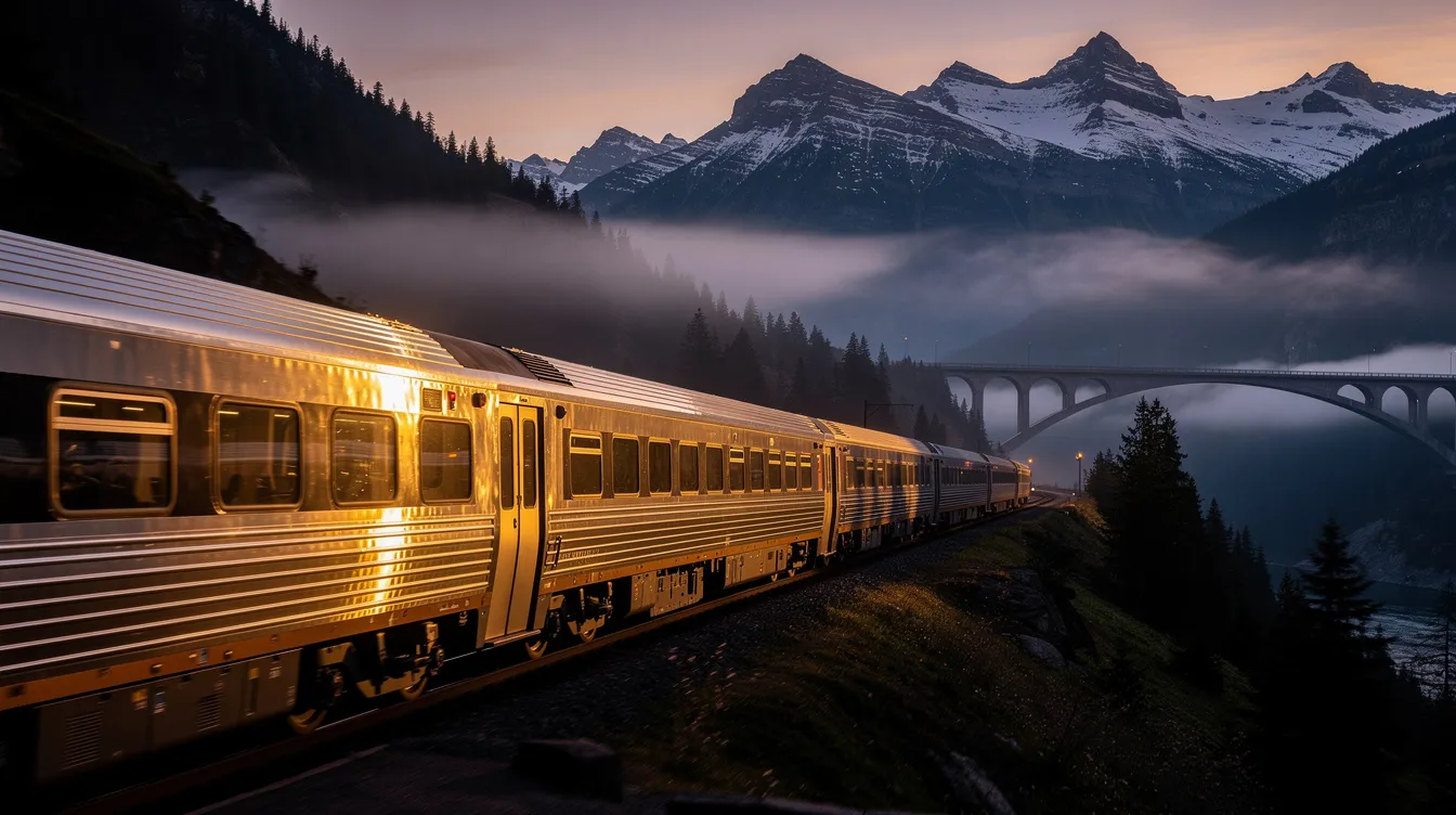Ein eleganter Zug fährt durch eine malerische, bergige Landschaft bei Abenddämmerung, während goldenes Licht auf die Waggons fällt. Im Hintergrund ist eine Brücke zu sehen, die an die spannenden Szenen aus James Bond Filmen erinnert.