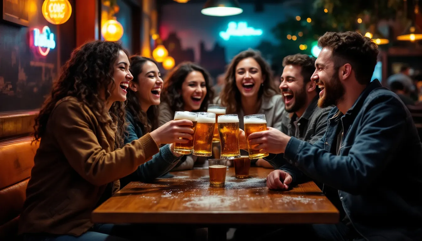 A group of friends is joyfully toasting with their beer glasses in a lively bar setting, surrounded by the vibrant atmosphere of Bratislava's nightlife. The scene captures the essence of a classic stag weekend in the Slovakian capital, filled with laughter and camaraderie.