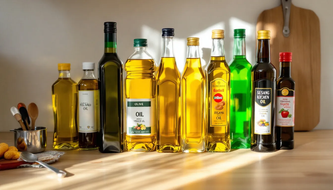 The image features a variety of cooking oil bottles neatly arranged on a kitchen counter, including canola oil, olive oil, and grapeseed oil, showcasing options for everyday cooking and high heat methods like frying and roasting vegetables. Each bottle represents a different type of oil, emphasizing their unique flavors and health benefits, suitable for salad dressings, savory dishes, and more.