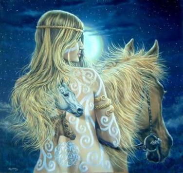 Goddess Epona is depicted with blonde hair down her bare back. She is riding a brown horse during a full moon with images of horses and swirls on her back.