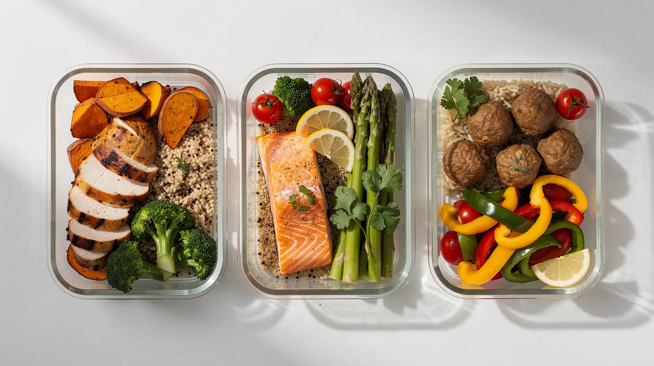 The image showcases glass meal prep containers filled with an assortment of colorful vegetables and lean proteins, emphasizing a healthy dietary approach that supports weight management and promotes healthy aging. This vibrant meal prep aligns with principles of the fasting mimicking diet, which may offer potential health benefits and aid in metabolic health.