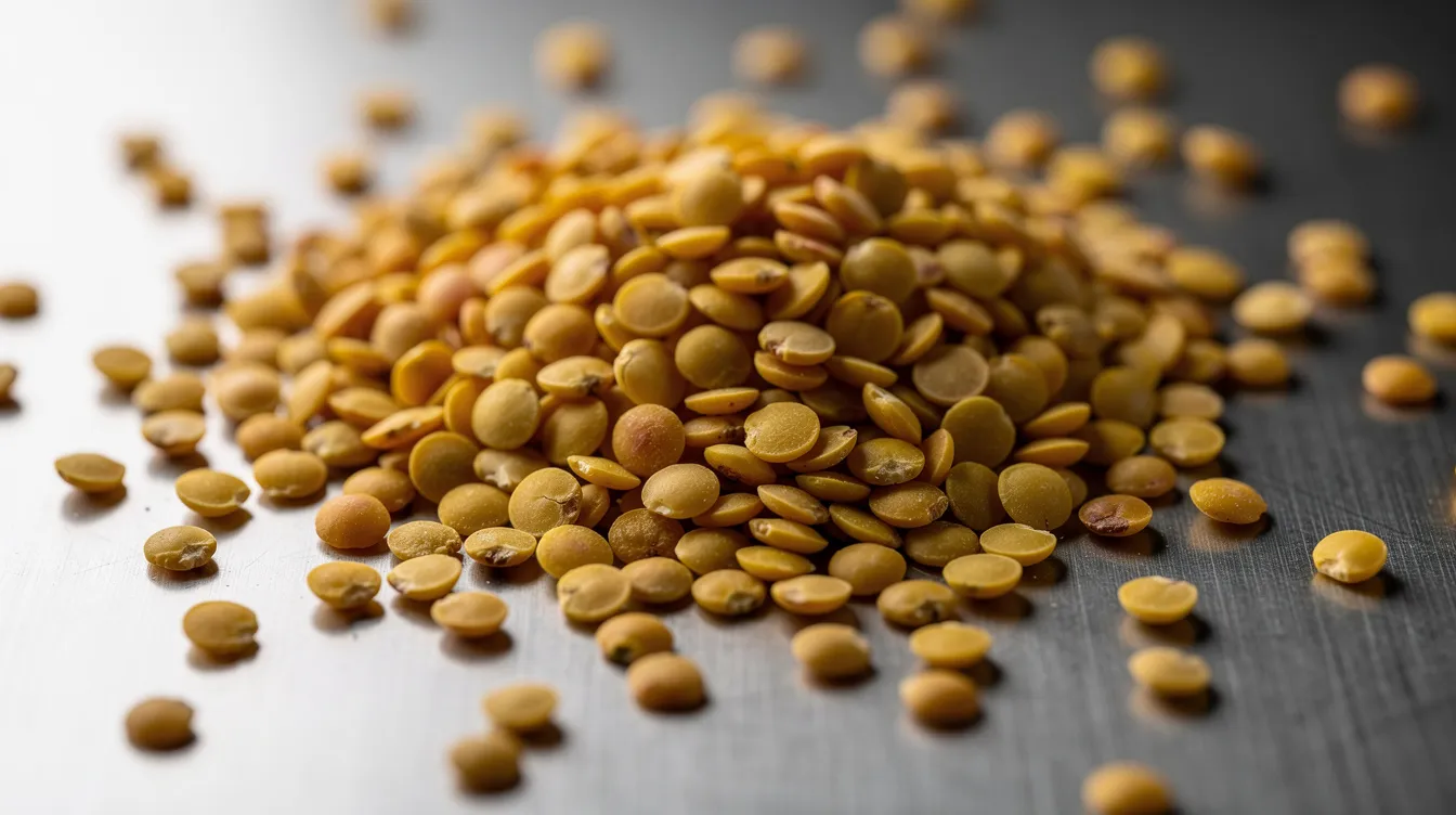 828e7e1c a578 444f 987b 0fca245e5a9c A close-up view of golden yellow split dal pulses is displayed on a stainless steel surface, highlighting the quality and texture of this essential ingredient in dal processing. This image reflects the efficient processing capabilities of a dal mill plant, emphasizing the importance of quality dal in meeting the growing demand in the pulses market.