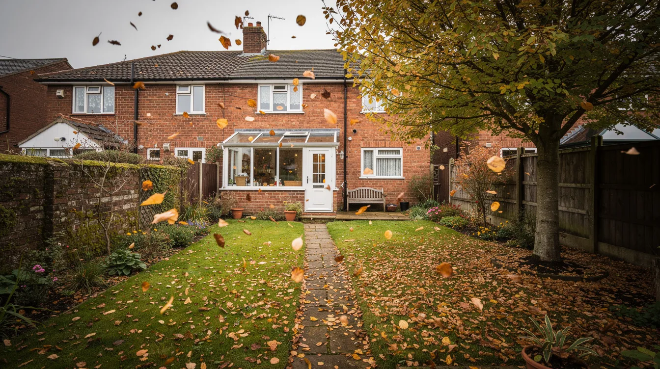 The image depicts a semi-detached garden in the UK during autumn, covered with a thick layer of fallen leaves from mature trees. The vibrant colors of the leaves contrast with the grass underneath, while some areas show bare patches where leaf mulch has been removed, indicating the seasonal change and the decomposition process beginning.