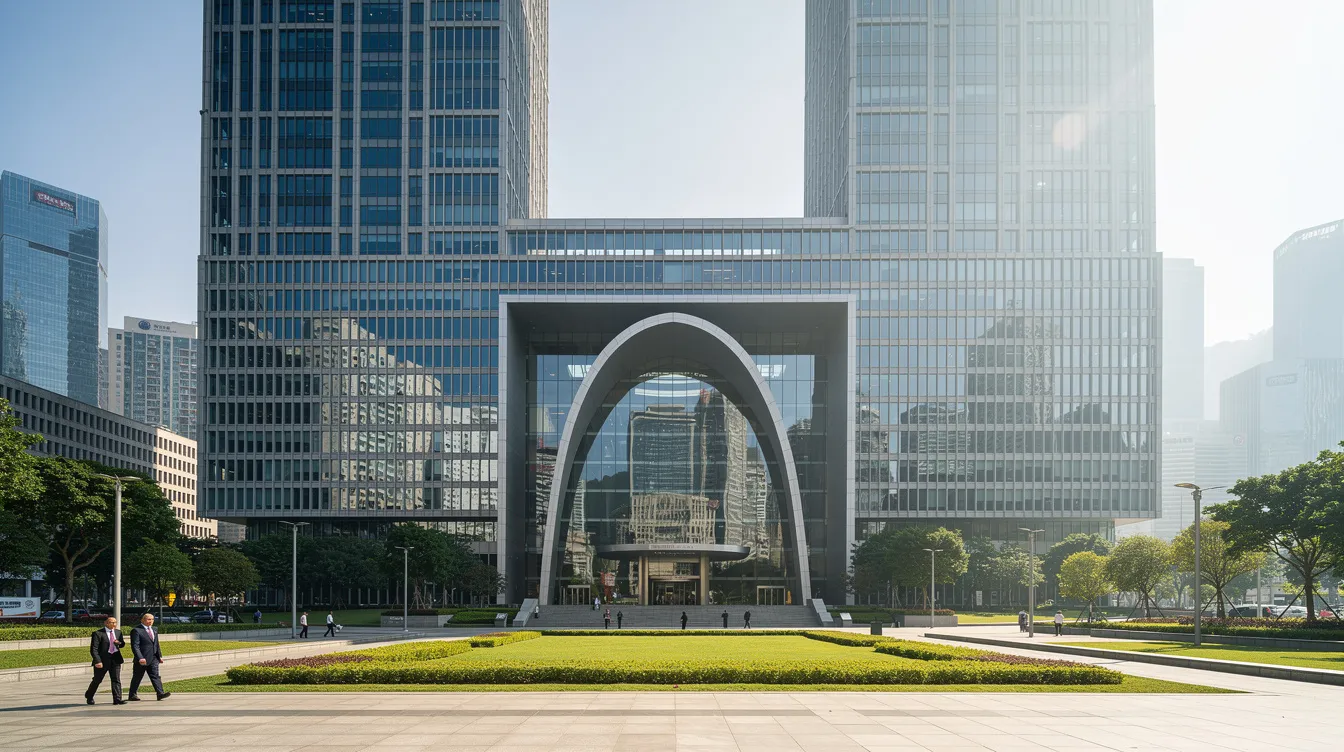 圖片展示香港政府大樓群，現代玻璃幕牆建築象徵公務員及專業人士的工作環境，與低息貸款申請流程相關。