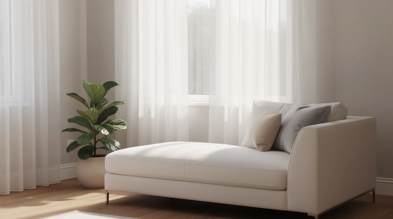 Een lichte chaise longue met zachte kussens staat bij een raam, naast een plant. Deze comfortabele zitplek vormt een gezellige hoek in de bankloze woonkamer en biedt een stijlvolle uitstraling in de ruimte.