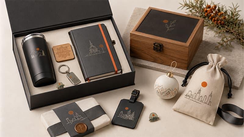 Premium custom souvenir gift set with an insulated tumbler, notebook, keychain, pin, ornament, wooden box, and fabric pouch
