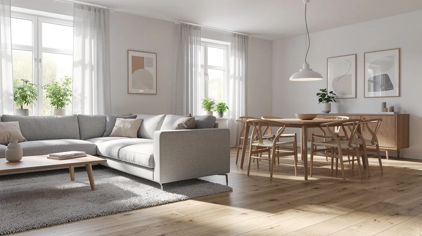 Bildbeskrivning av ett öppet vardagsrum där en soffgrupp smidigt övergår till en matplats. I rummet finns ett runt matbord med stolar som får plats för många personer, vilket skapar en inbjudande atmosfär för både familj och gäster.