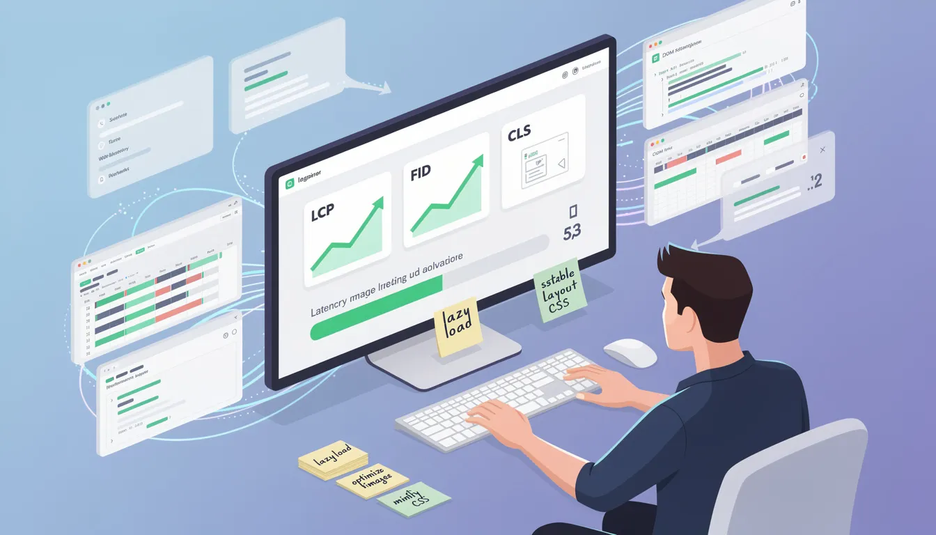 The image depicts a digital dashboard showcasing metrics related to optimizing Core Web Vitals, highlighting site speed, user experience, and technical SEO elements. It emphasizes the importance of structured data and internal linking strategies for improving search engine visibility and overall website performance.