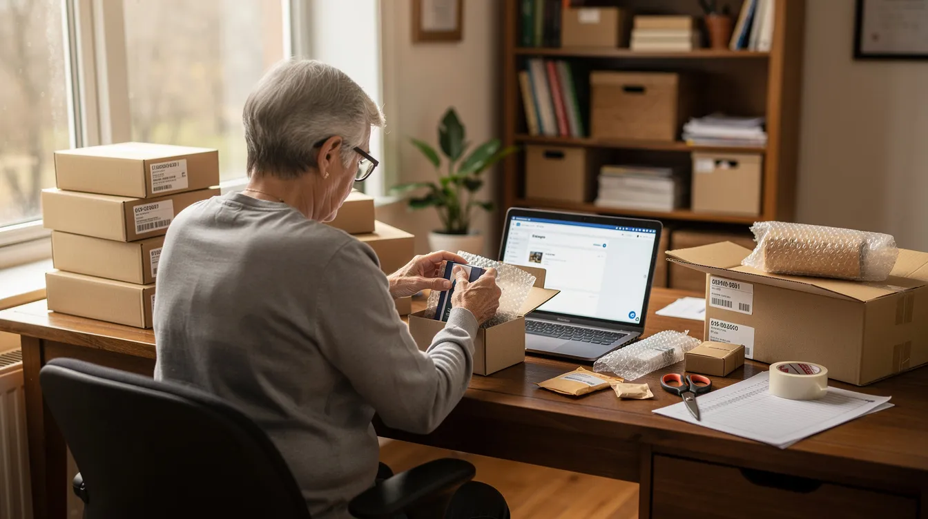 An elderly person, likely a retired teacher, is organizing items for shipping at a home desk, surrounded by packing supplies and a laptop. This scene reflects the life of a retired worker who is managing their time and resources during retirement.