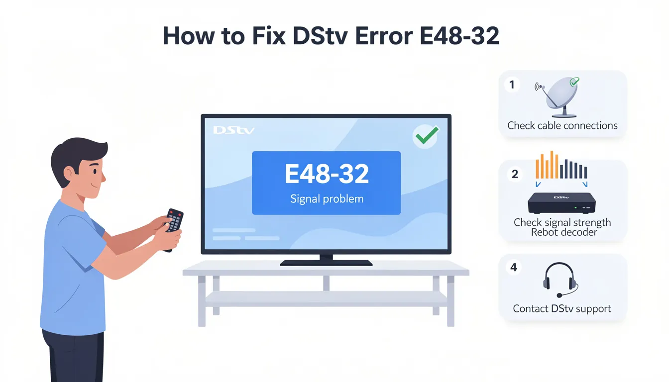 The image illustrates a person troubleshooting a DStv decoder to resolve the E48-32 error, focusing on checking the satellite dish alignment and ensuring all coaxial cables are securely connected. The scene highlights the importance of proper signal reception and the potential impact of weather conditions on DStv signal quality.