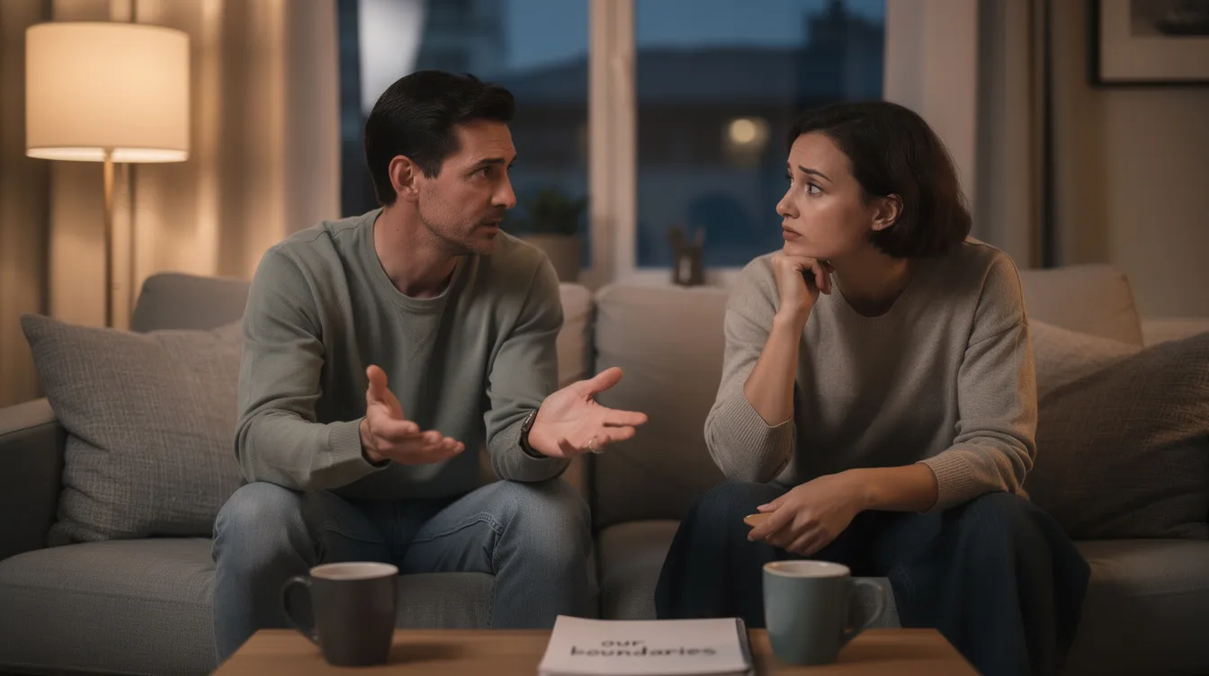 A couple is engaged in a thoughtful conversation about setting healthy boundaries in their relationship, emphasizing the importance of personal space and self-respect for their mental health and well-being. They are reflecting on their own needs and how to communicate them effectively to support each other's personal growth.