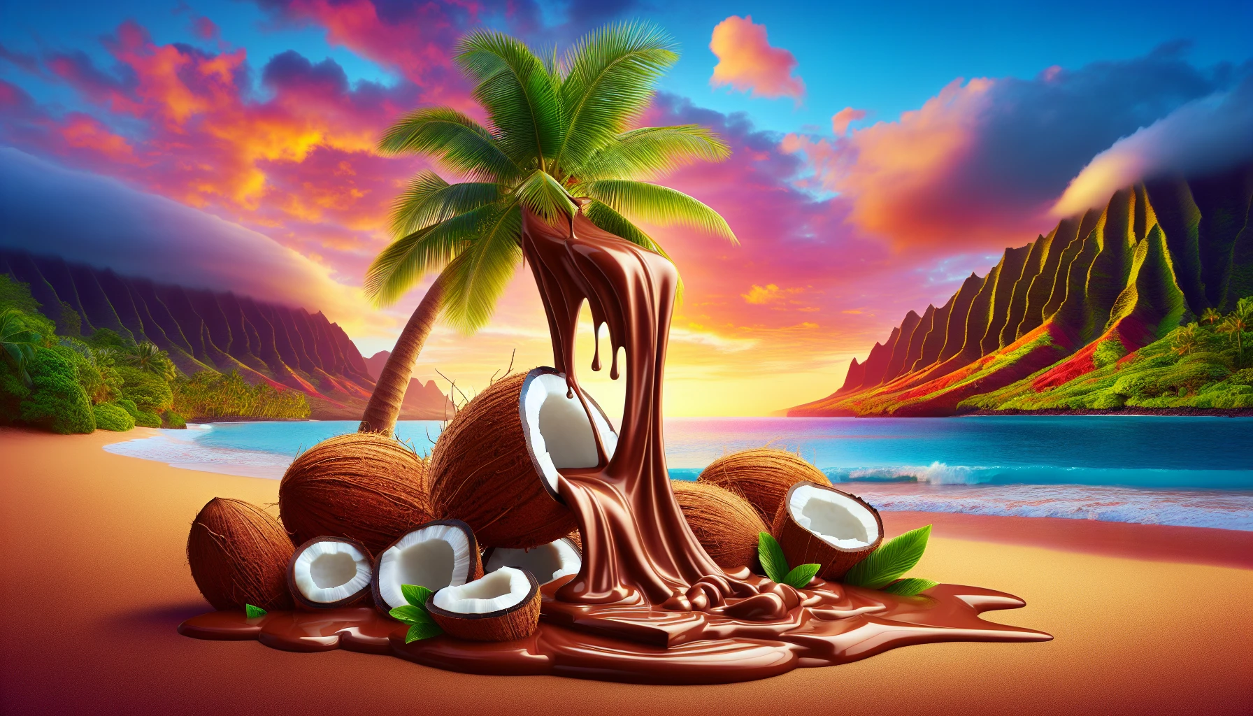 A tropical-themed illustration featuring coconut and chocolate elements