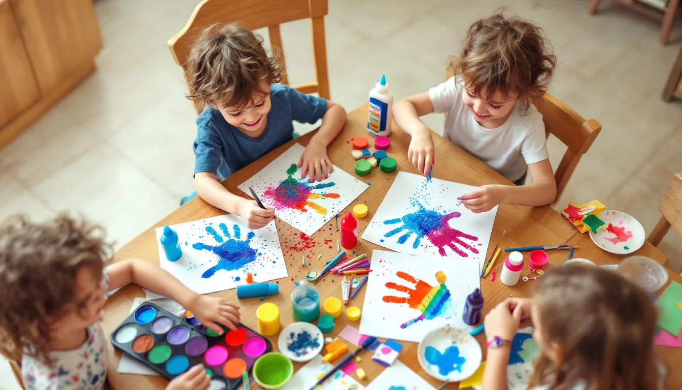 In the image, a group of children is gathered around a kitchen table, joyfully engaged in a fun DIY craft project using simple materials like paint, glue, paper, and fabric scraps. Their little hands are busy creating unique handmade gifts, showcasing their creativity and teamwork.
