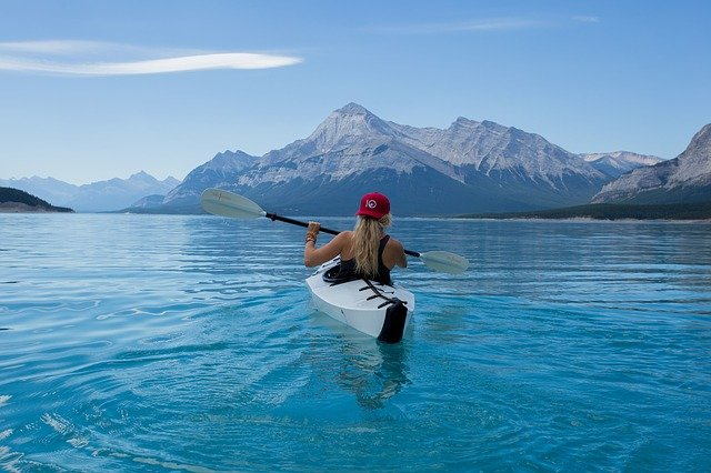 girl, kayak, lake