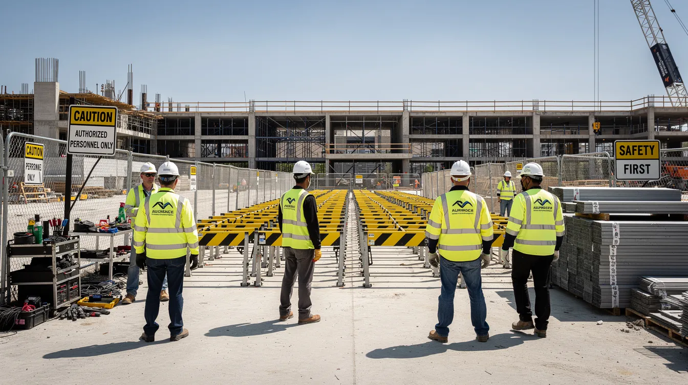 The image depicts a well-organized construction jobsite featuring professional safety barriers, clear signage, and workers dressed in matching branded safety vests, reflecting strong brand identity and commitment to safety in the construction industry. This visual representation emphasizes the importance of effective construction branding efforts in attracting potential clients and building trust.