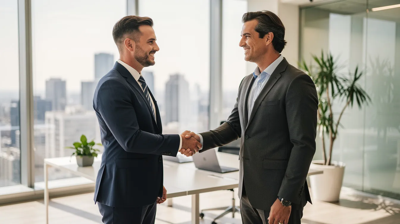 The image depicts two business owners shaking hands in a modern office setting, symbolizing the establishment of a strong customer relationship and potential long-term contracts. This gesture reflects the importance of managing customer concentration risk and the impact of major customers on the company's revenue and cash flow.