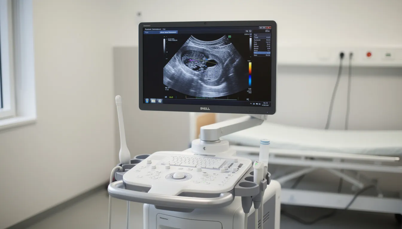 Bild av ultraljudsutrustning med en stor bildskärm som visar en medicinsk undersökning av inre organ. Utrustningen används ofta för att utföra vaginalt ultraljud under graviditeten, där läkaren kan se bilder av fostret och ge viktig information om barnets utveckling.
