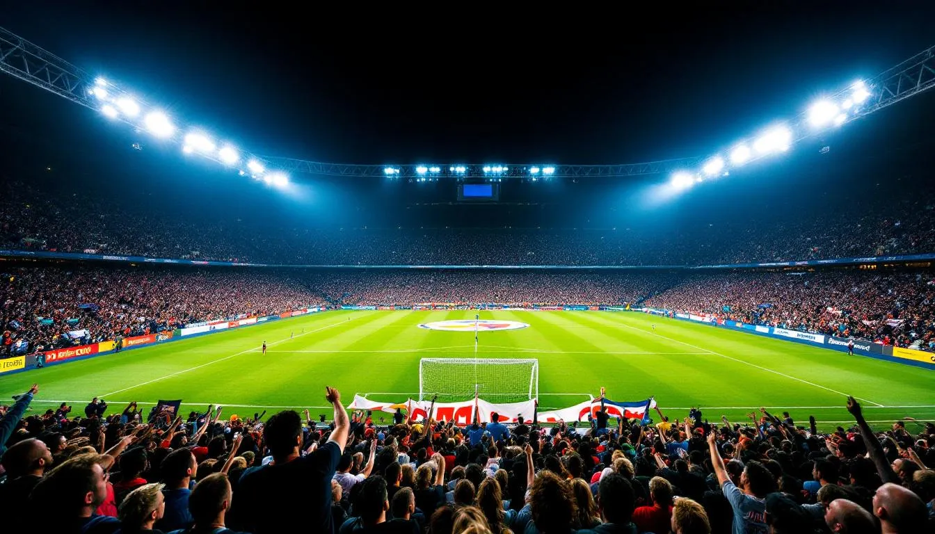 En la imagen se observa un estadio de fútbol repleto de aficionados animando durante un emocionante partido nocturno, con las luces brillantes iluminando el campo. La pasión por el fútbol se siente en el aire, reflejando la importancia de eventos deportivos en México y Latinoamérica.