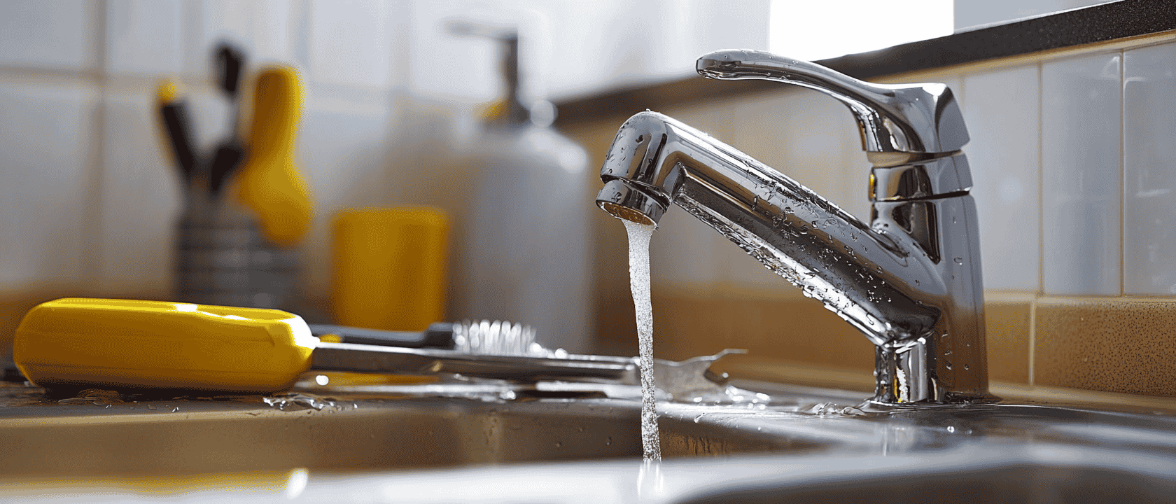 An illustration of a leaking mixer tap with tools ready for repair.