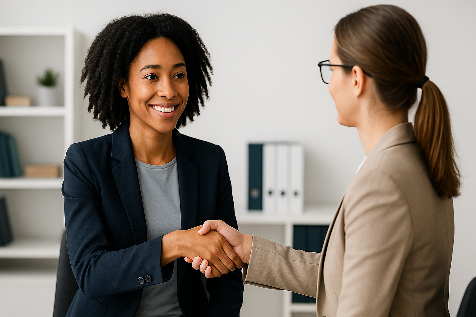 A professional job interview scene where two women, one in a navy blazer and the other in a beige blazer, shake hands across a desk. The woman in the navy blazer smiles warmly, suggesting a successful interview outcome. The background features shelves with folders and minimal decor in a modern office setting.