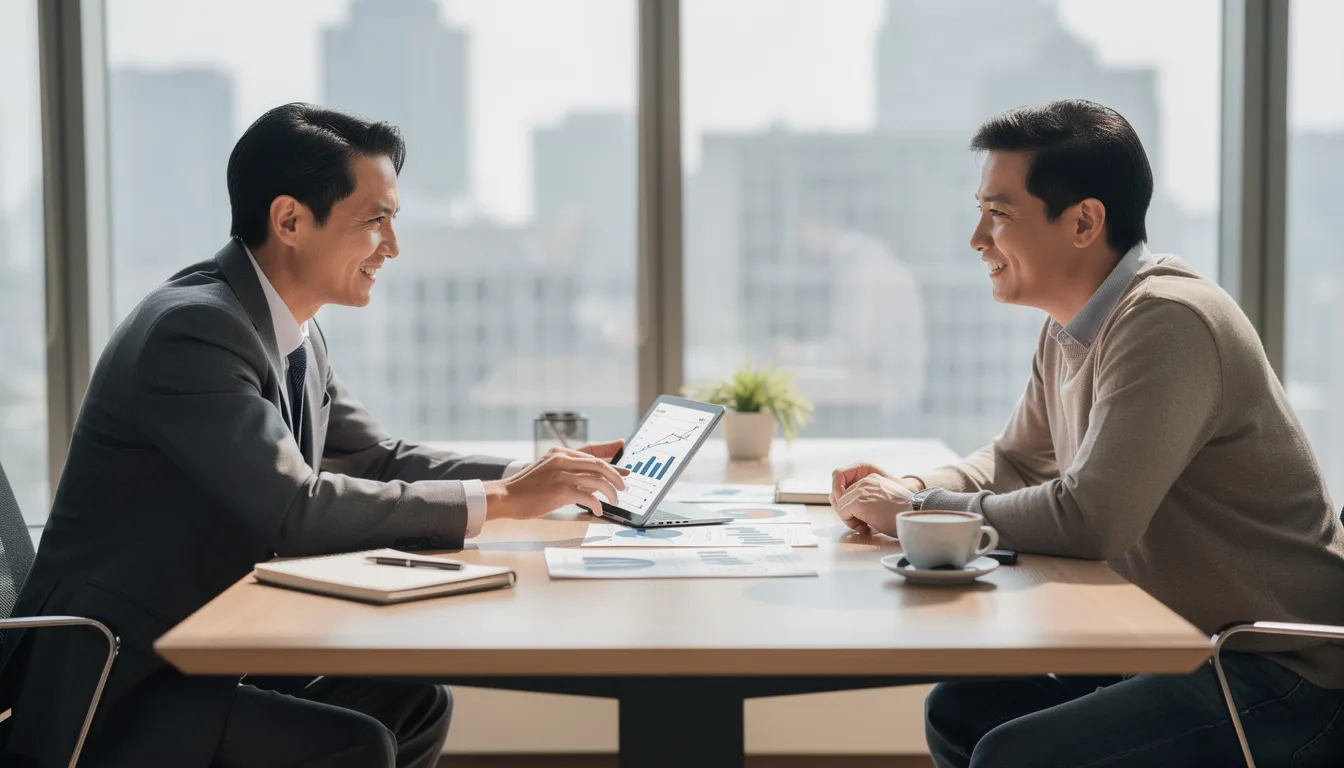 The image depicts a financial advisor engaged in a discussion with a client in a professional office environment, focusing on retirement planning and strategies for managing required minimum distributions (RMDs) from various retirement accounts, including traditional IRAs and variable annuities. The advisor is providing tax advice to help the client understand their RMD obligations and options for guaranteed income streams.