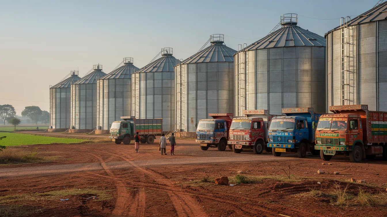 829bcb6a 008c 4481 a02a 2d6b742c37d7 The image depicts rows of large cylindrical steel grain silos in a rural Indian agricultural landscape, with trucks parked nearby, highlighting the effective grain storage capacity for storing wheat and other crops. These flat bottom grain silos are designed for optimal grain quality and efficient discharge, showcasing essential features for grain storage in a country setting.