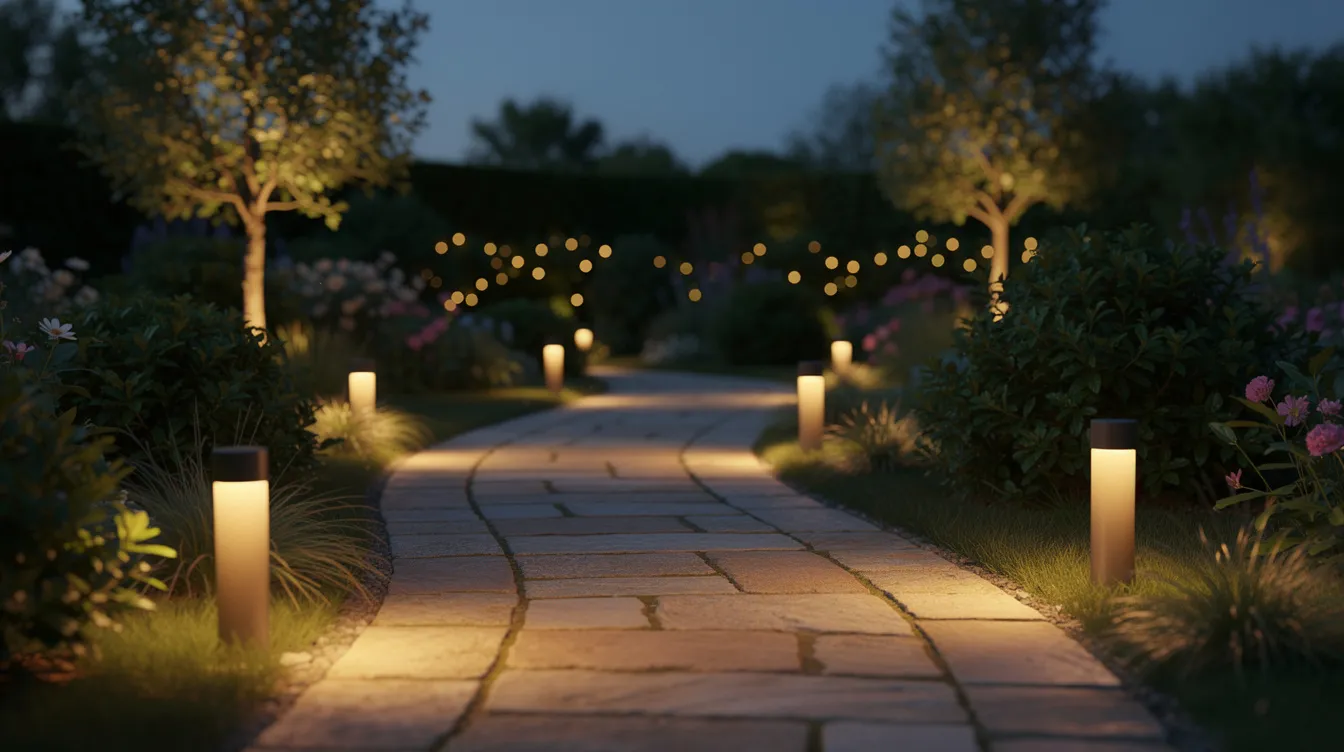 The image depicts a beautifully illuminated garden path, enhanced by warm landscape lighting that creates a welcoming atmosphere in the evening. This successful landscape installation showcases the thoughtful design elements that enhance the outdoor space, inviting visitors to enjoy the vibrant surroundings.