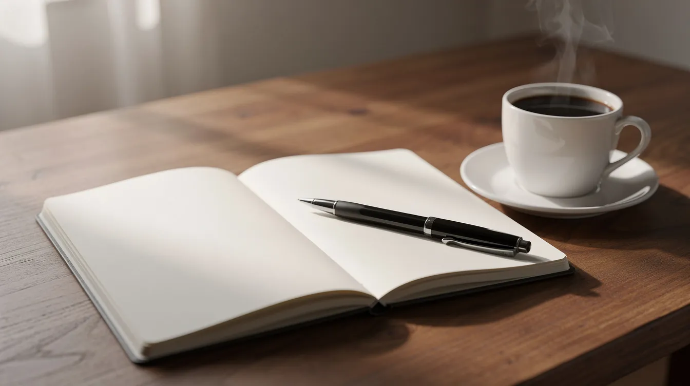 The image features a notebook and pen placed on a wooden table beside a cup of coffee, symbolizing the importance of documenting nursing home neglect and abuse cases. This scene emphasizes the need for nursing home abuse attorneys to assist families in seeking justice for vulnerable residents.
