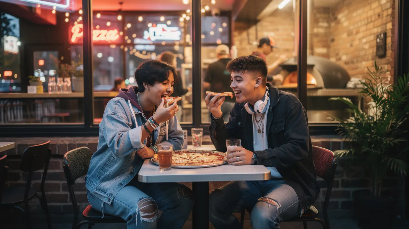 A young couple, both part of Gen Z, are enjoying a fun date at a cozy pizza shop, laughing and sharing a slice while engaging in lighthearted conversation. Their playful interaction showcases the emotional intimacy and connection often highlighted in modern dating trends.
