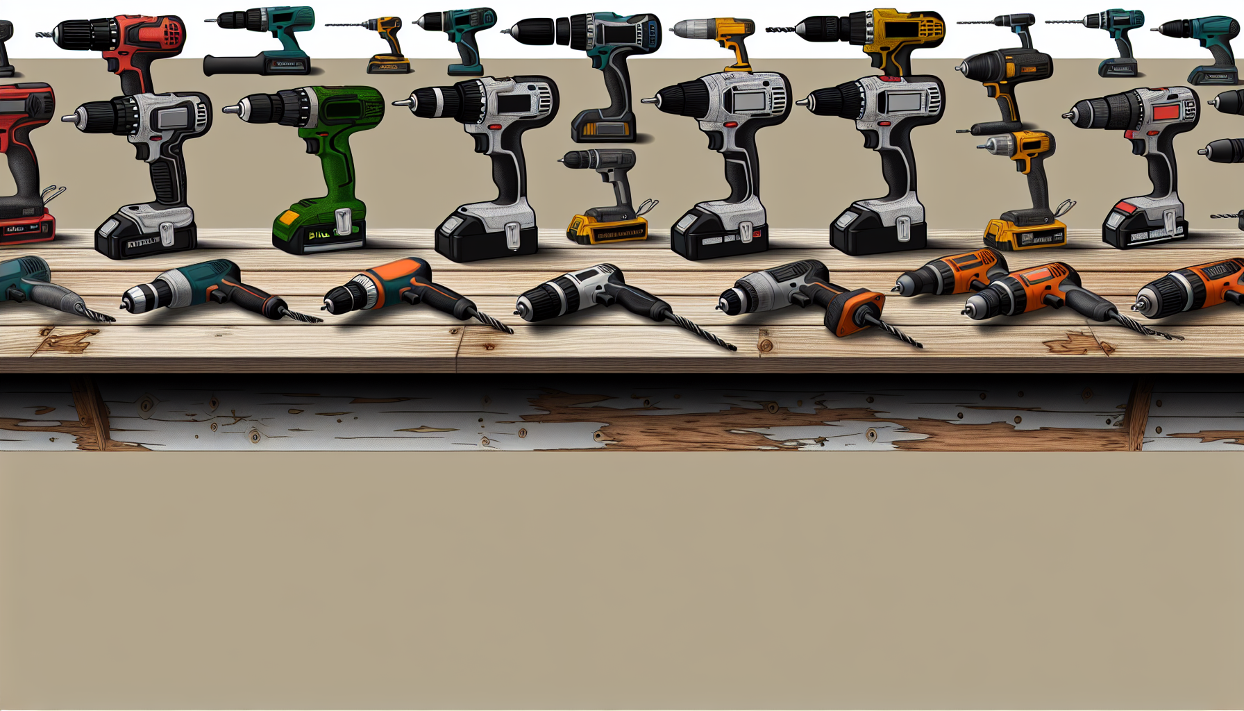 A variety of power drills including impact drivers