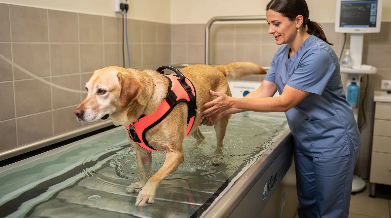 A dog is walking through shallow water in a hydrotherapy pool, supported by a therapist to aid in rehabilitation. This therapeutic exercise can be beneficial for dogs with conditions like elbow dysplasia, helping improve joint mobility and reduce pain in affected elbow joints.