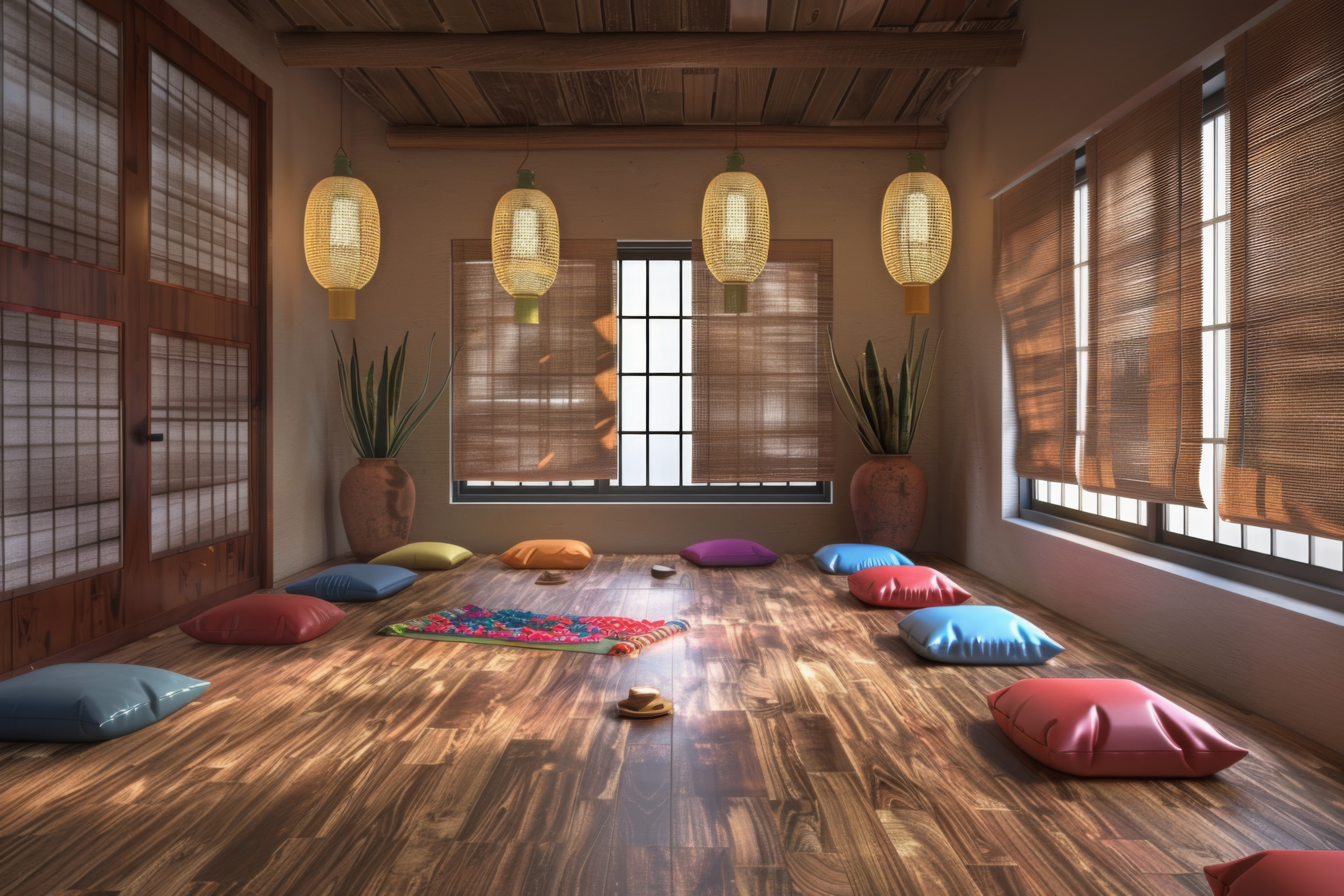 A serene and well-lit traditional Japanese room with tatami mats and shoji screens. The room features an engineered bamboo flooring with multiple colorful floor cushions scattered around, a low table with a decorative cloth in the center, and hanging lanterns emitting a soft glow.