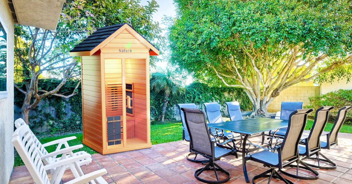 An energy-efficient backyard sauna from Airpuria with expert engineered wood and double pane windows.